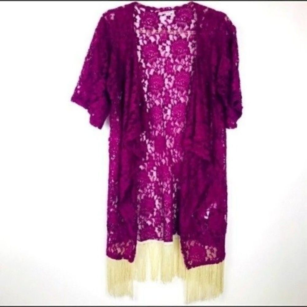 LuLaRoe Monroe maroon duster size small BoxJ floral lace fringe BoxS